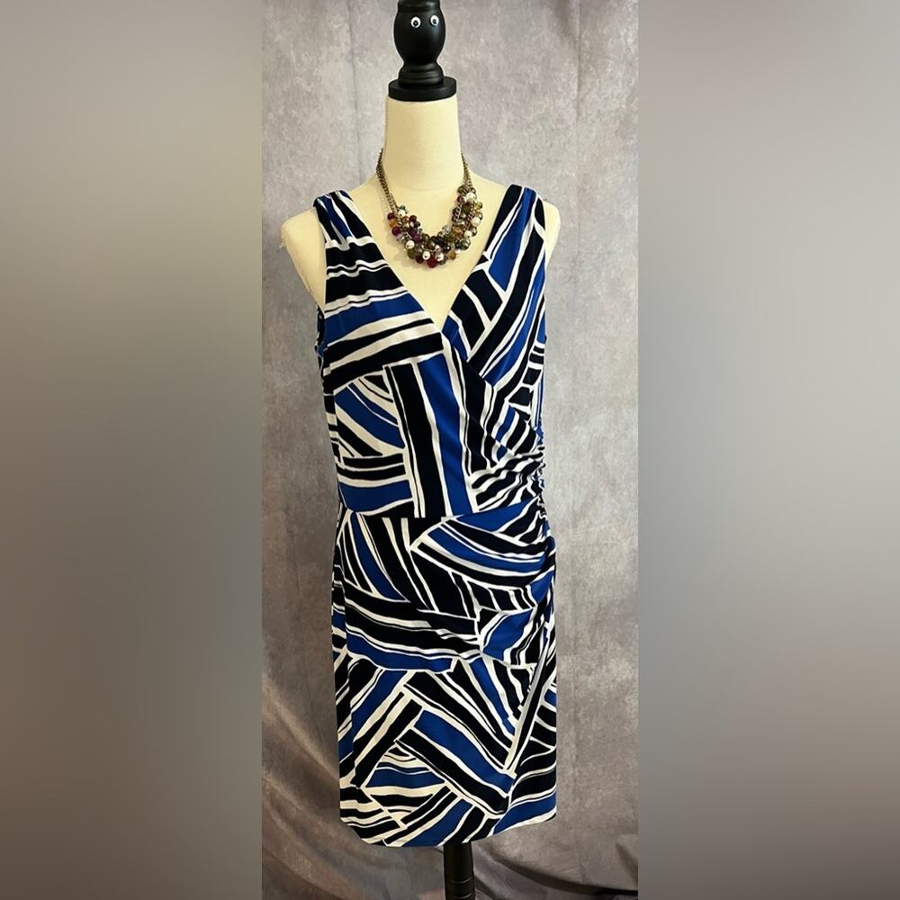 Ralph Lauren Sleeveless Faux Wrap Blue, Black & White Sheath MIDI Dress Size 12‎